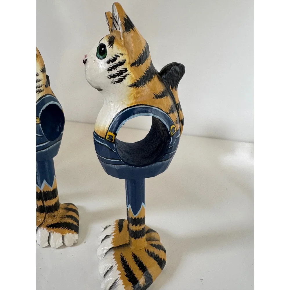 Vintage Hand Painted Wooden Cat Napkin Rings Set of 8 Tabby Overalls Folk Art